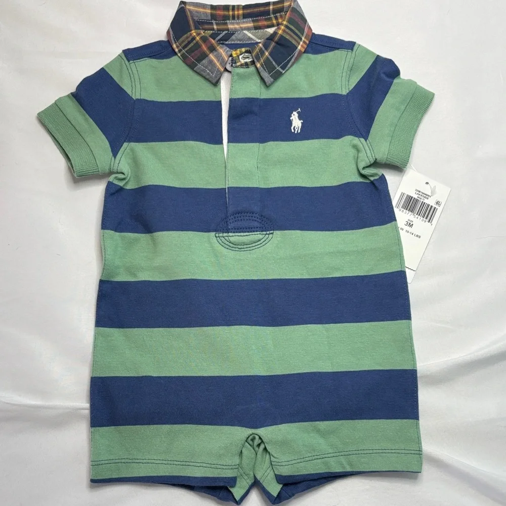 Ralph Lauren Green & Navy Striped Polo Romper with Plaid Collar